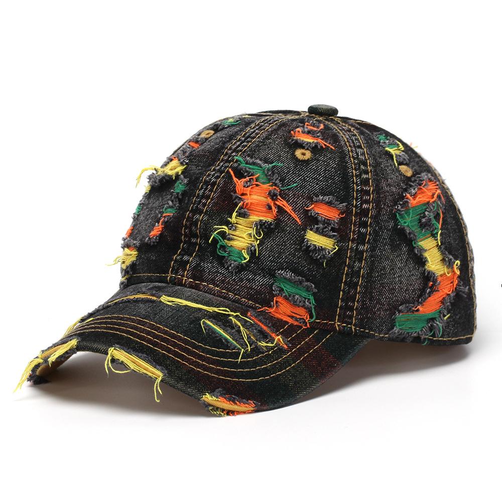 New Style Women Cap Tear Style Hole Vintage Colorful Lines Baseball Caps Female Casual Outdoor Streetwear Denim Hat