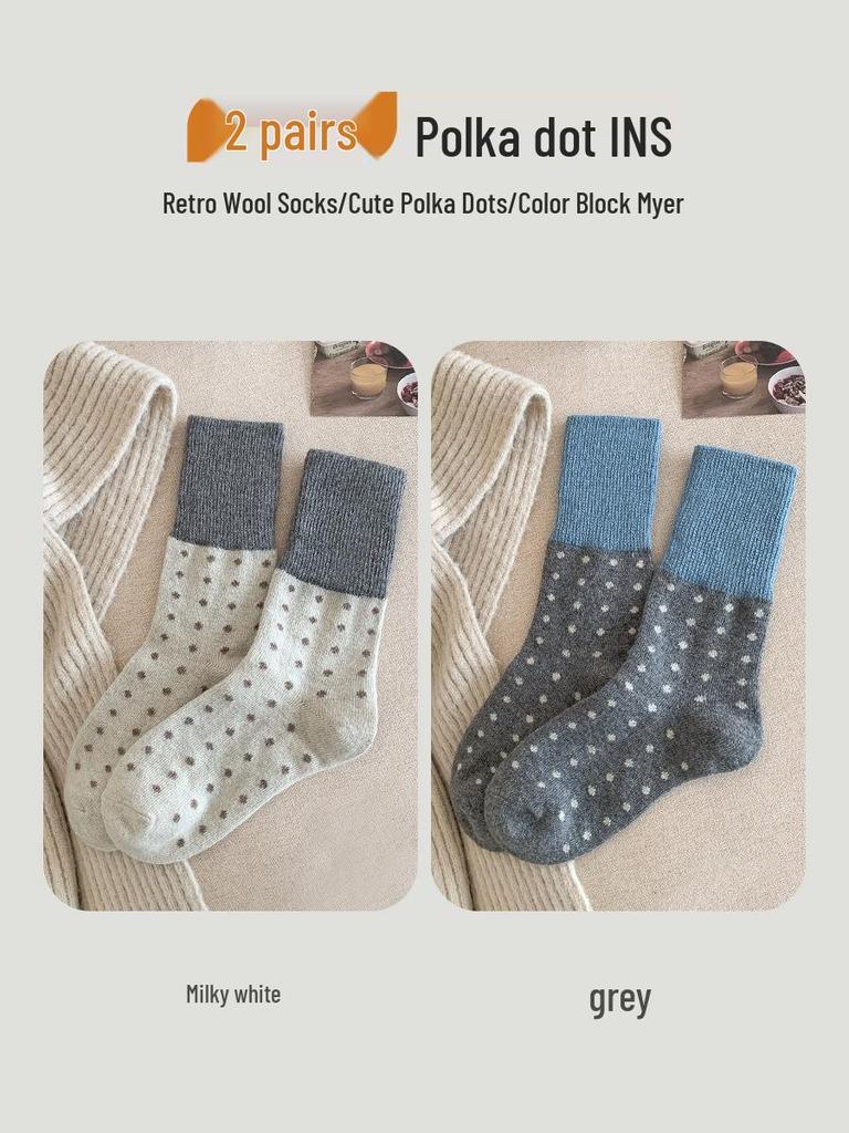 Women's Retro Polka Dot Mid-Calf Cashmere Socks - Warm & Thickened for Autumn/Winter