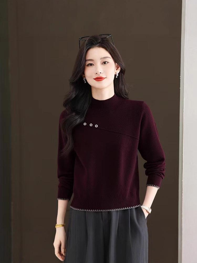 Women's Wool Fleece Sweater with Semi-High Neck for Autumn and Winter