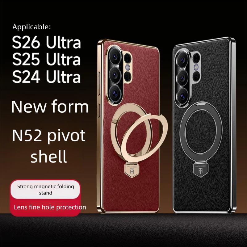 Premium Aviation Aluminum Alloy Bracket Case For Samsung Galaxy S26 Ultra/S25 Ultra/S24 Ultra Magnetic Vegan Leather Stand Cover