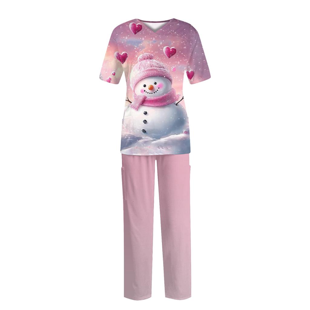 Women's Fashion Print Short Sleeve V Neck Pattern Tops Pocket Working Set