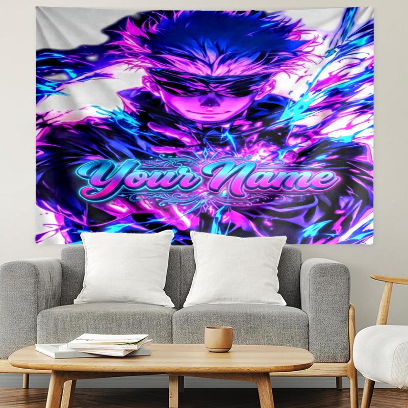 Personalized Name Gojo Satoru Tapestry, Wall Hanging Tapestry, Pattern Tapestry for Dorm Bedroom Living Room Wall Art Photography Backdrop