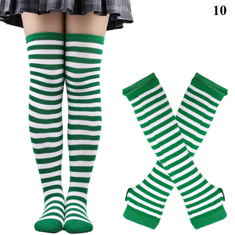 Y2K Women Girls Over Knee Long Stripe Printed Thigh High Cotton Socks Arm Sleeve Gloves 1 Set Overknee Socks Long Gloves 2024