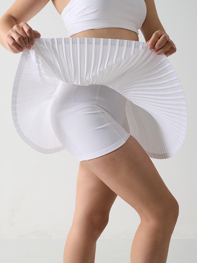 In-Stock High Waist Pleated Athletic Skort with Anti-Exposure and Quick-Drying Features, Side Pockets, and Midi Length