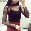 HOUZHOU Black Lace T-shirt Women Sexy Mesh Sheer Party Clubwear Chic Long Sleeve Print T-shirt