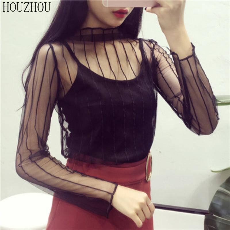 HOUZHOU Black Lace T-shirt Women Sexy Mesh Sheer Party Clubwear Chic Long Sleeve Print T-shirt
