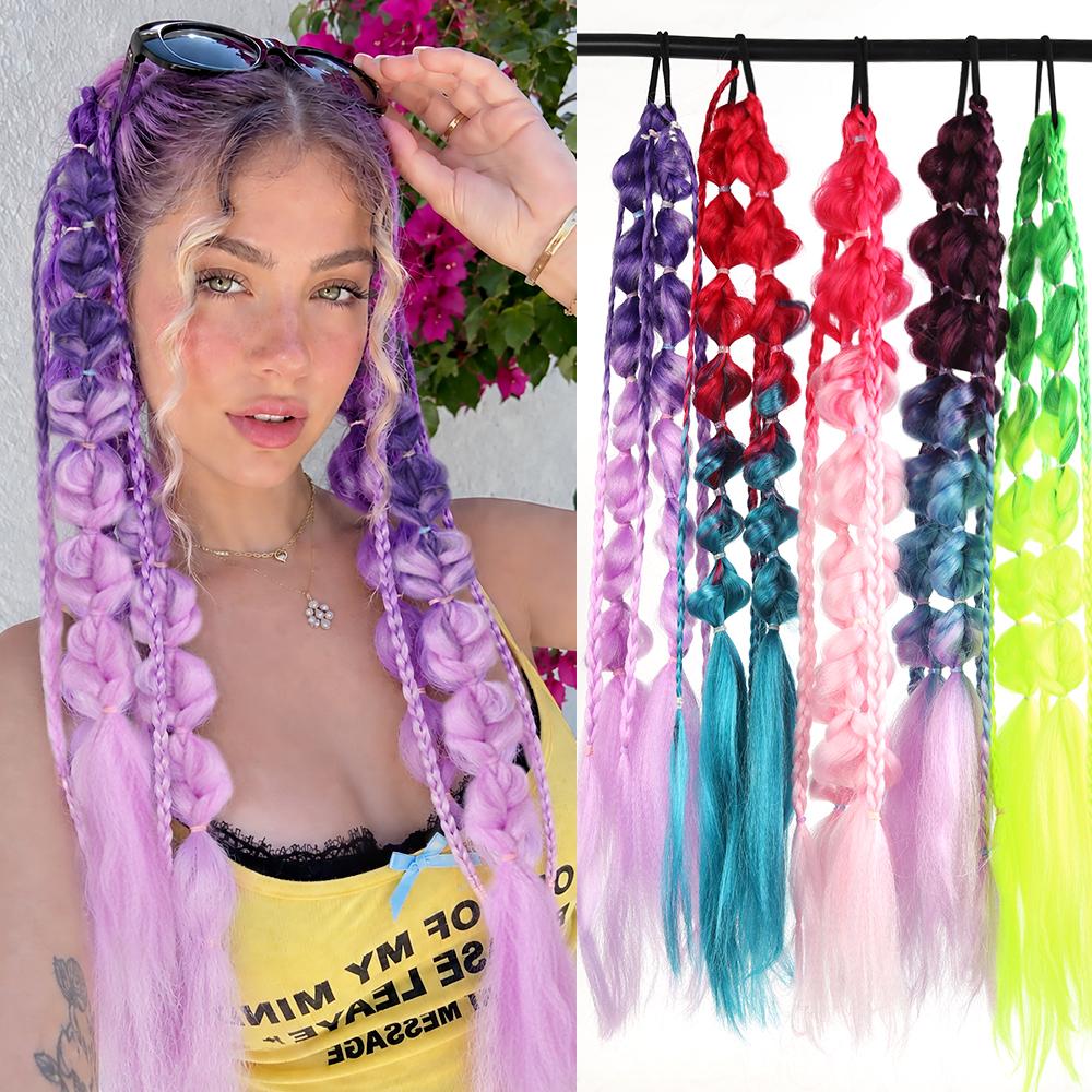 24 Inch Synthetic Gradient Corlorful Bubble Braids Ponytail Hair Extensions Rubber Band Style Hairpiece For Party Costume Halloween Wear