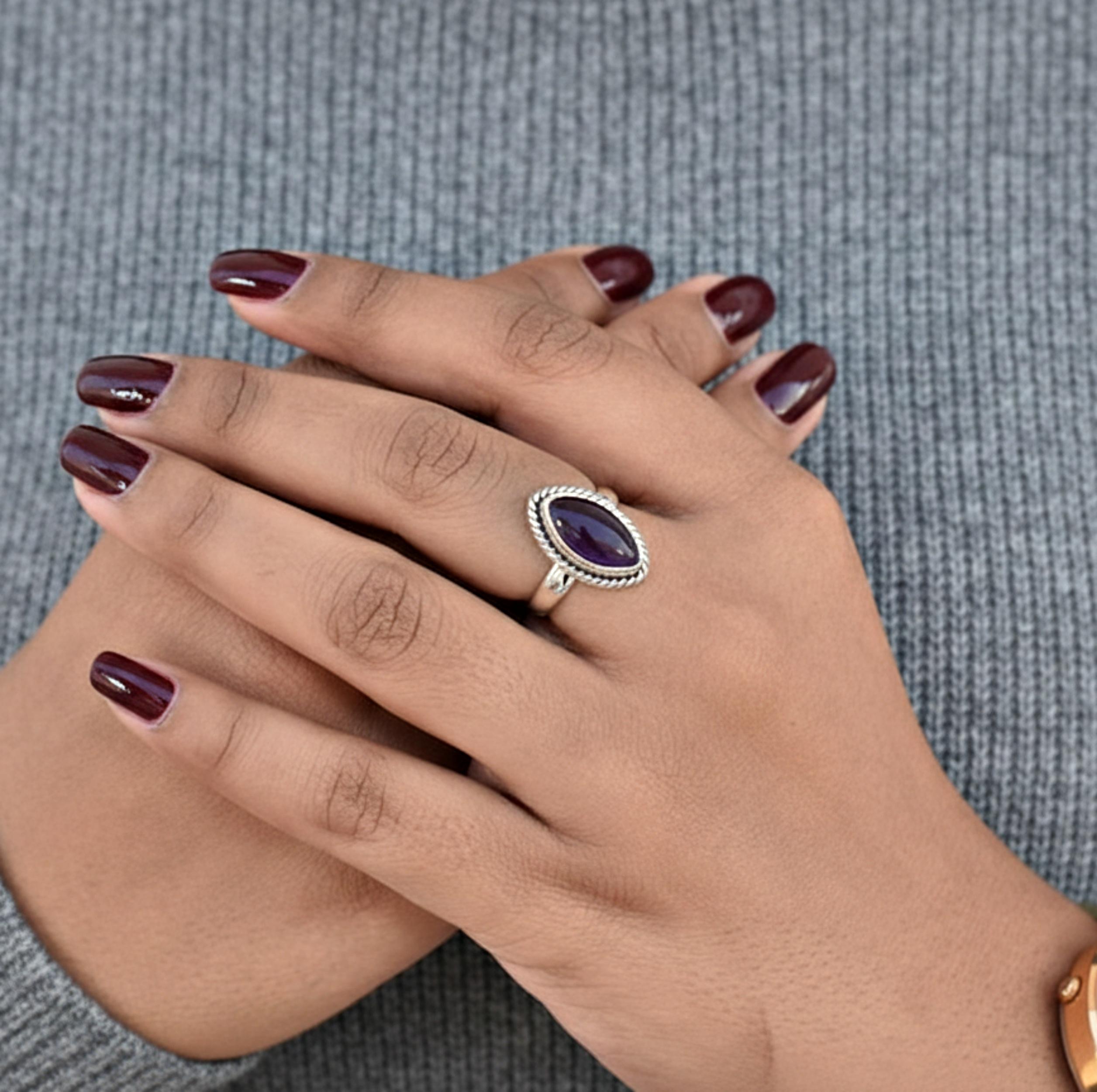 

Purple Amethyst Marquise Statement Ring, 925 Sterling Silver, Minimalist Promise Ring, Anniversary Gift 12 срібний