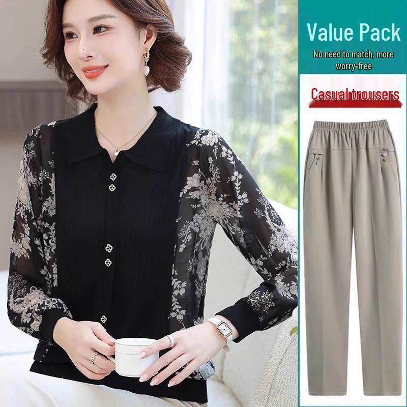 Frühling 2025 Damen Langarm Strick-T-Shirt mit Gazeärmeln für Mütter mittleren und höheren Alters