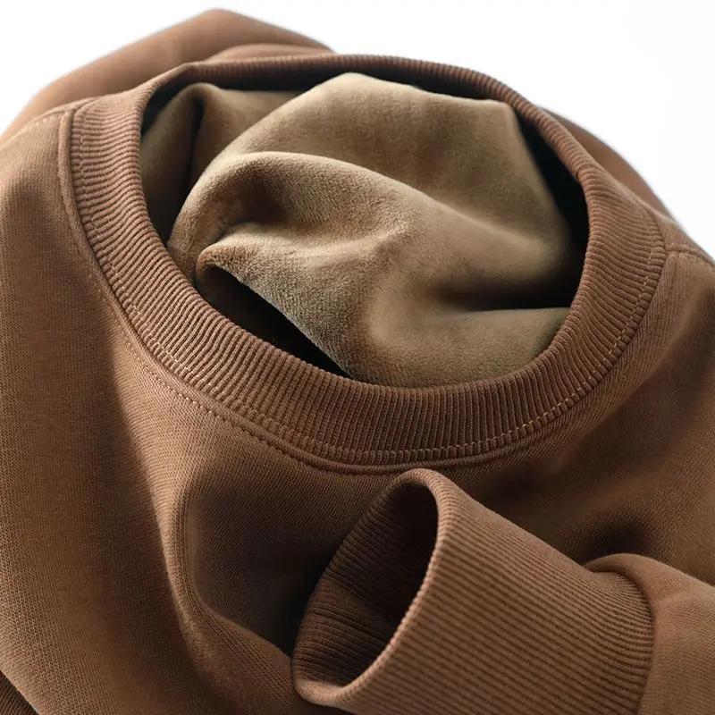 Pure Cotton Plush Thickened Sweatshirt Thin Plush Heavyweight Solid Round Neck Sweater Autumn Winter Warm Sweater