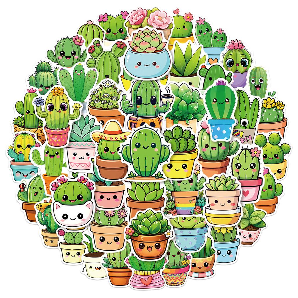 50Pcs Cute Cacti And Succulents Meme Graffiti Stickers Q-Style Plants Cartoon Decal Diy Notebook Phone Guitar Classic Kid Toys
