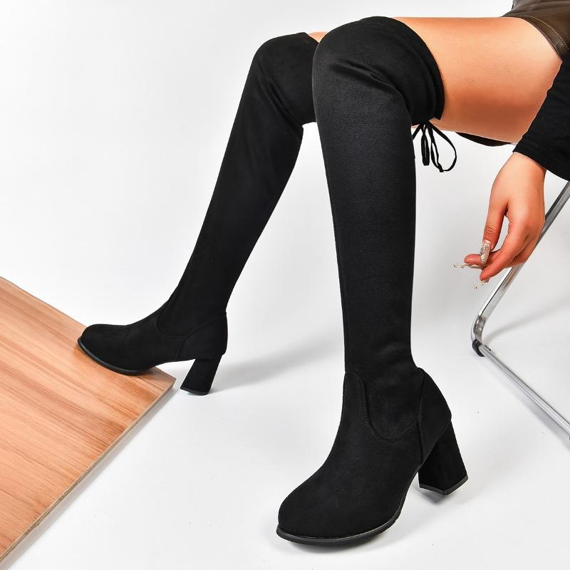 Autumn and Winter New Skinny Over-the-knee Women's Skinny Leg Stretch Boots Round Toe Block Heel High-heeled Long-leg Boots