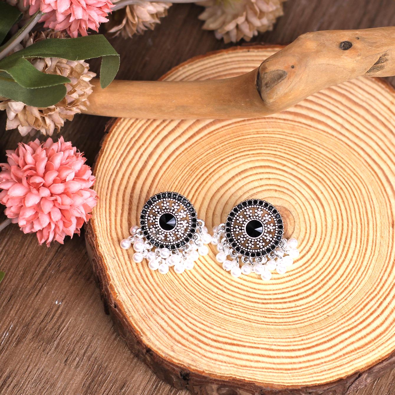 Miao Ethnic Style Diamond  Pearl Tassel Earrings Necklace Set