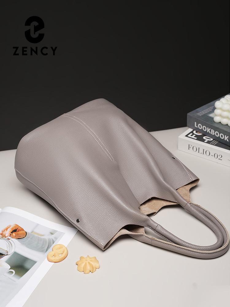 Zency Μαλακή Γνήσια Δερμάτινη Γυναικεία Τσάντα Tote Χειρός Κλασική Κομψή Μπλε Μεγάλης Χωρητικότητας Shopper Σύνθετη Τσέπη Γκρι Πορτοφόλι 2024