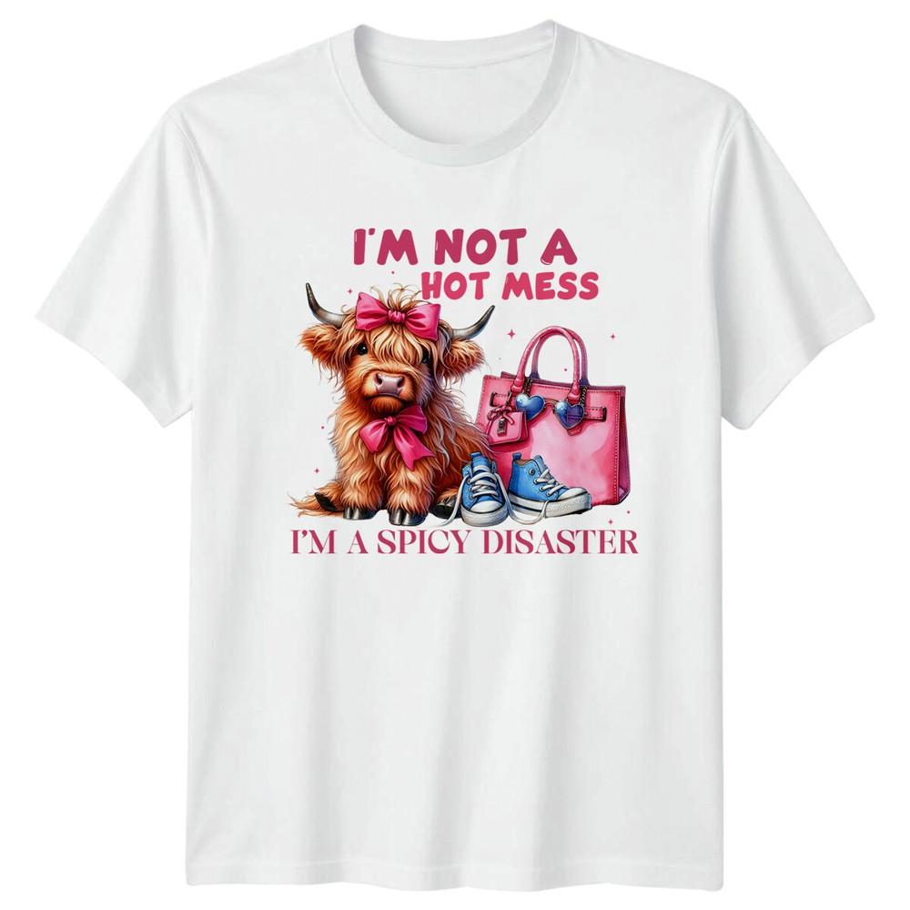 Hot Mess Spicy Disaster Highland Cow Funny Women's Graphic T-Shirt