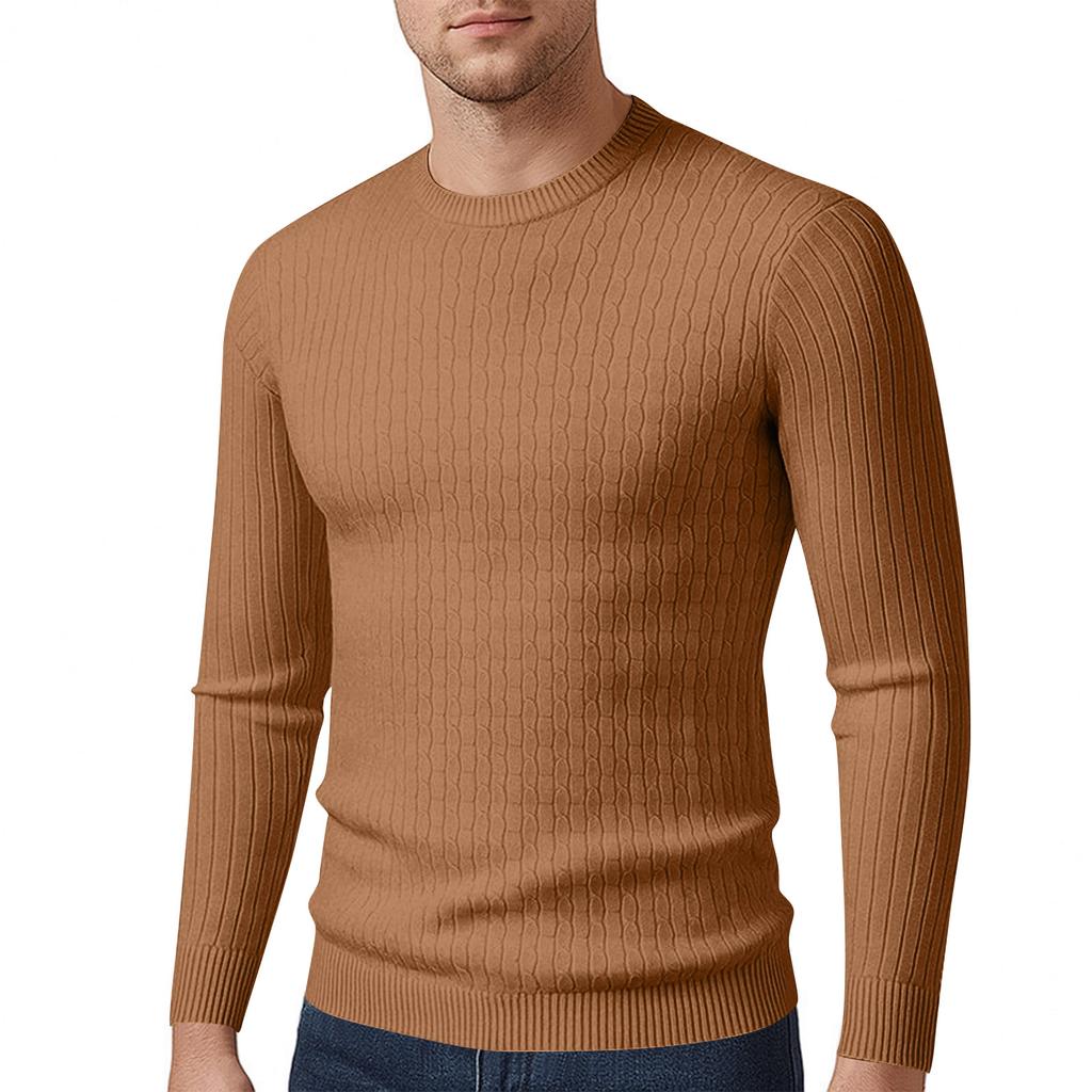 Men's Long Sleeved Solid Color Cable Knit Sweater Bottoming Shirt Slim Fit Pullover
