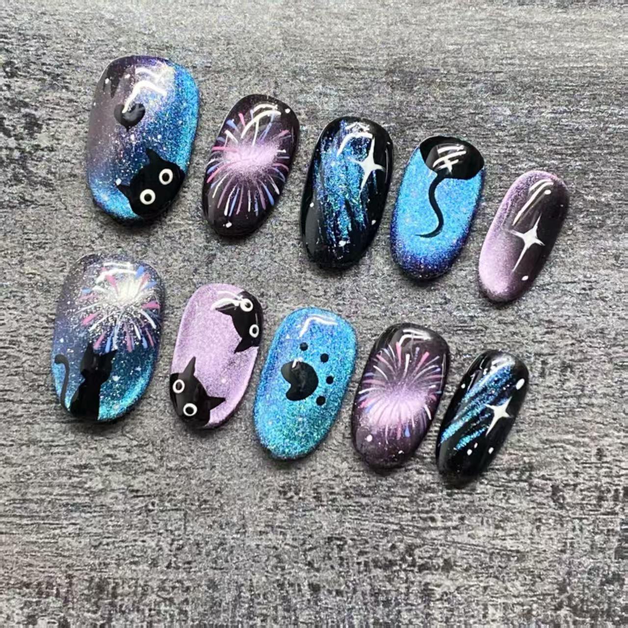 Starry Sky Cat Fireworks Hand-Painted Short Nails - Sweet & Cool Cartoon Style for New Year & Christmas Small
