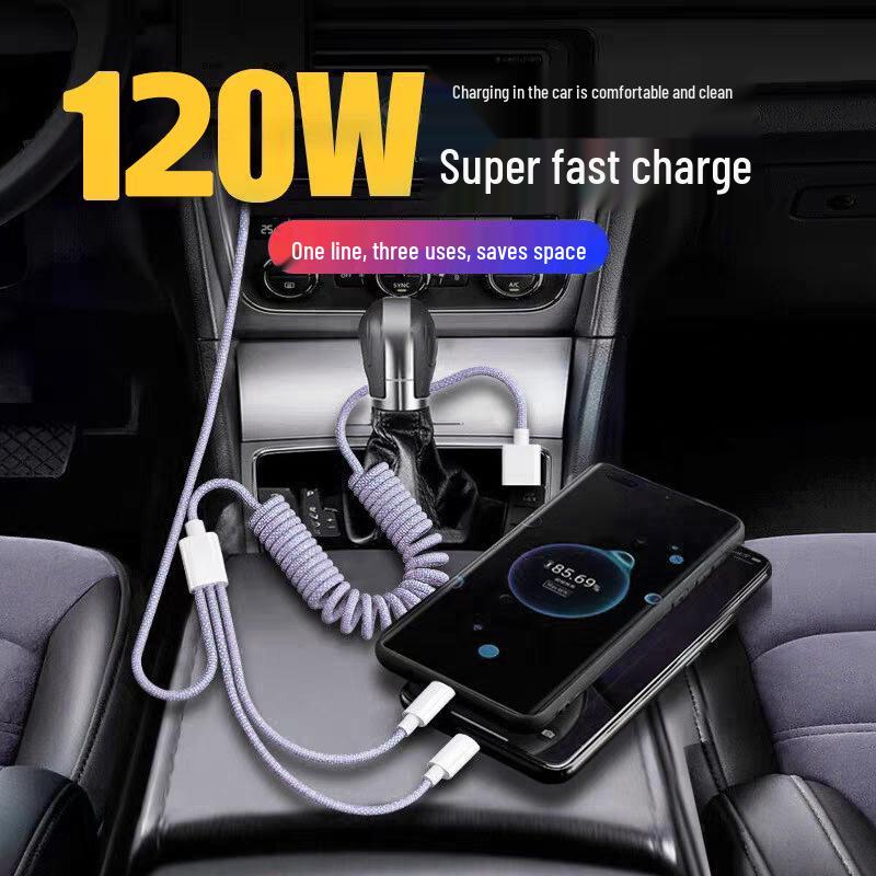 120W Fast Charging 3-in-1 Data Cable for Apple, Huawei, and Android – 6A Car Charger Compatible