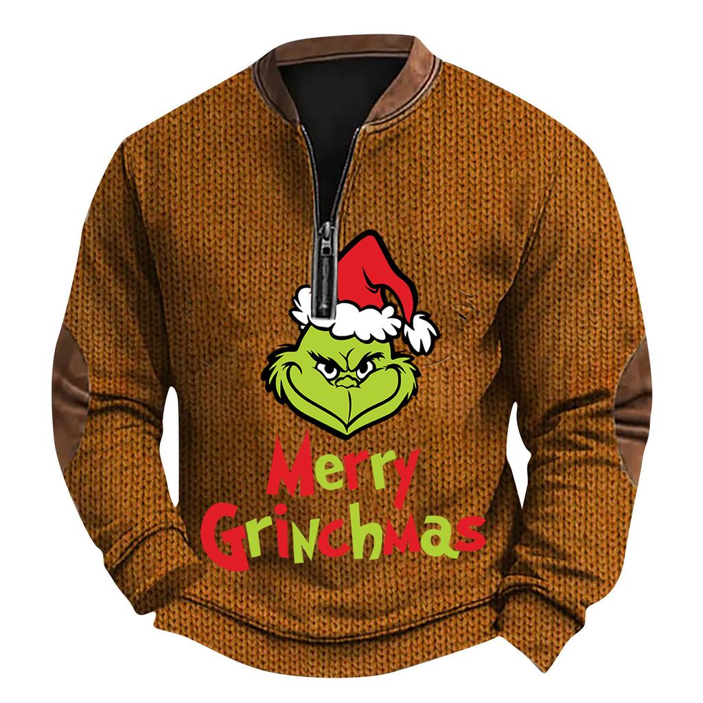 Mens Christmas Sweater Zip Up Sweatshirts Vintage Knit Graphic Sweatshirt Xmas Stand Collar Pullover