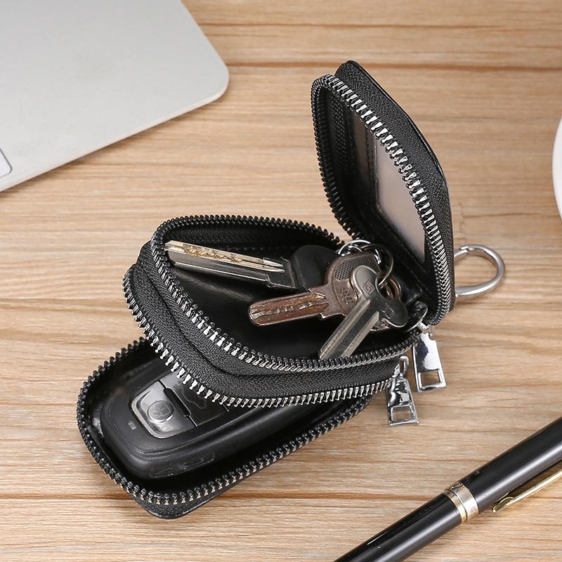 Cowhide Pu Leather Double-Layer Key Case - Secure Waist Hanging Car Key Storage - Stylish Mini Bag For Interior Accessories