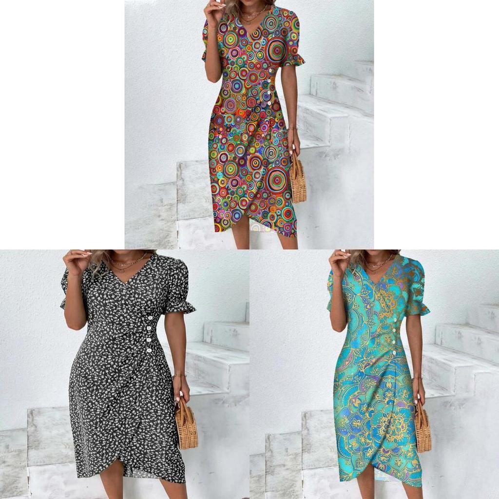 Geometric Pattern Short Sleeve Dress With 3d Digital Printing For Summer Casual Wear