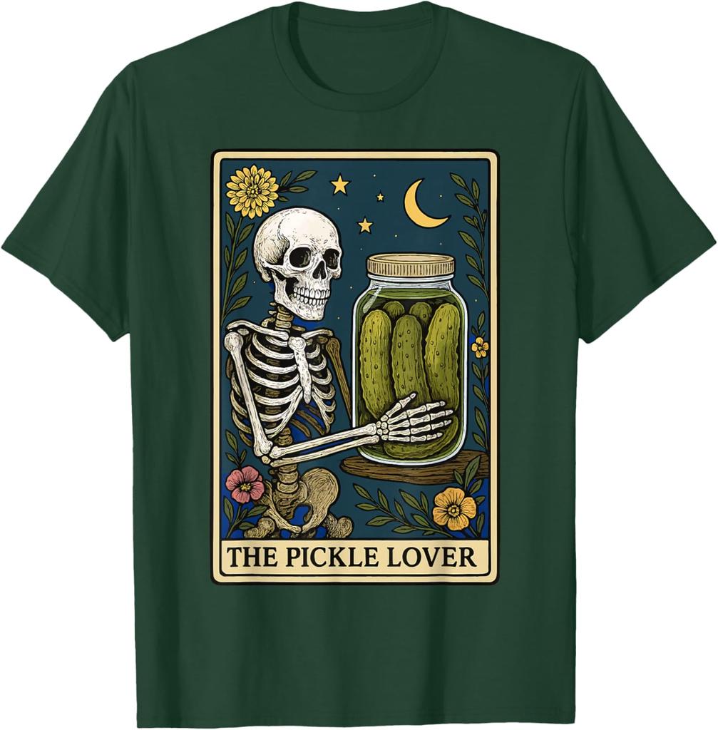 Skeleton Holding Pickle Jar Tarot Card Graphic Print Cotton Casual T-Shirt for Men Trip