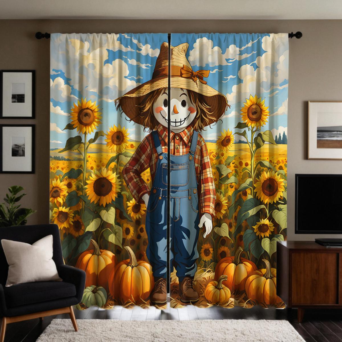 

2 шт. HD Подсолнух пугало декоративная занавеска в поле Желтая завязка цифровая печать занавеска Домашнее украшение стиль Decorati W52H63inchW132H160cm