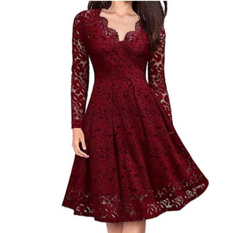 BITCED Fashion Summer Spring Solid Color Print Long Sleeve V-Neck Casual Dresses S красный