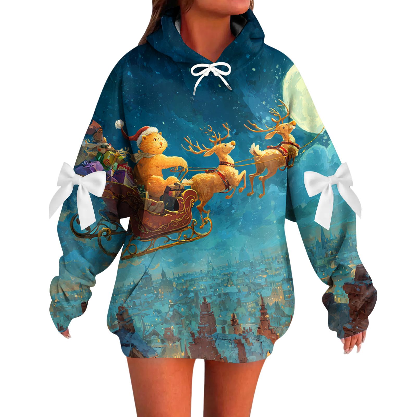 

Ladies Christmas Printed Bow Long Sleeved Loose Fitting Headband With Rope Hooded Sweatshirt Top XL
