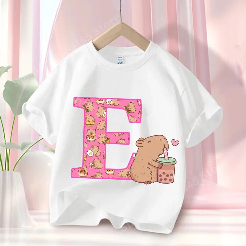 

Cute Capybara Children s T-Shirt Anime Capybara Letter Clothing Gift for Girls Summer Short-Sleeve Top 160