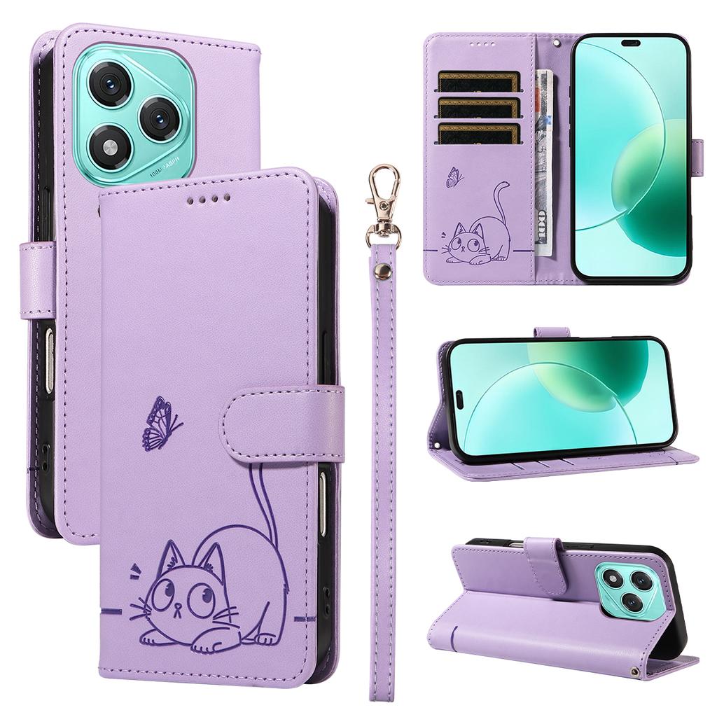 For Honor 400 Lite Case Cat Pattern Imprint Leather Phone Cover with Wrist Strap