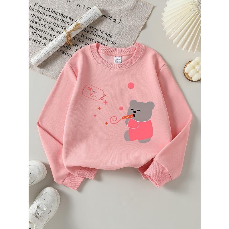 European sizes Girls' Soft Crewneck Sweatshirt, Cute Bear Blowing Whistle with Bottle & Print, Casual All-Match, Ideal Gift