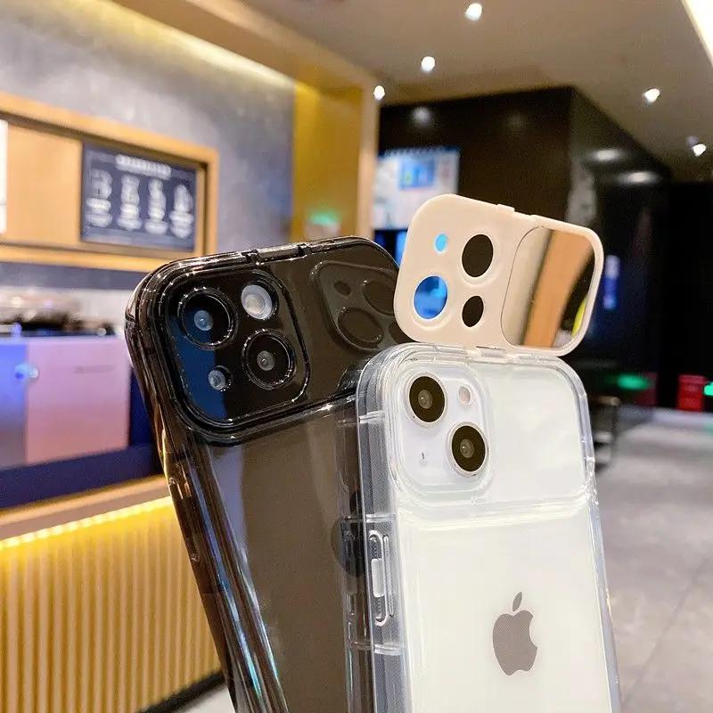 Fold Camera Flip Mirror Stand Holder Transparent Phone Case For Phone 17 Pro 16 15 14 Plus 11 Pro Max 13 12 XS X XR Cover