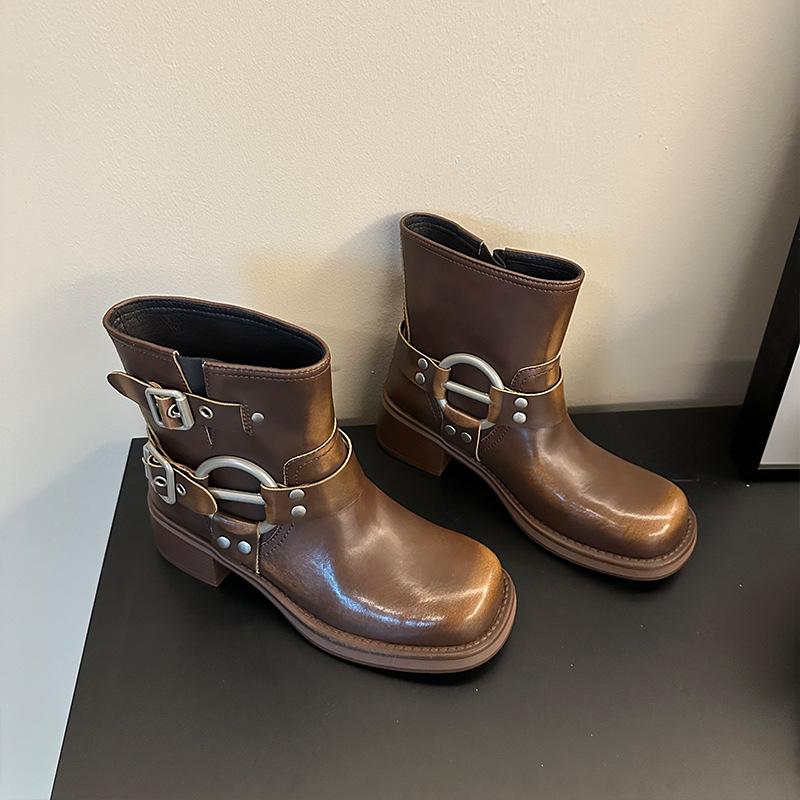 Maillard Western Cowboy Boots Women's Autumn 2025 New Versatile Belt Buckle Retro Short Martin Boots