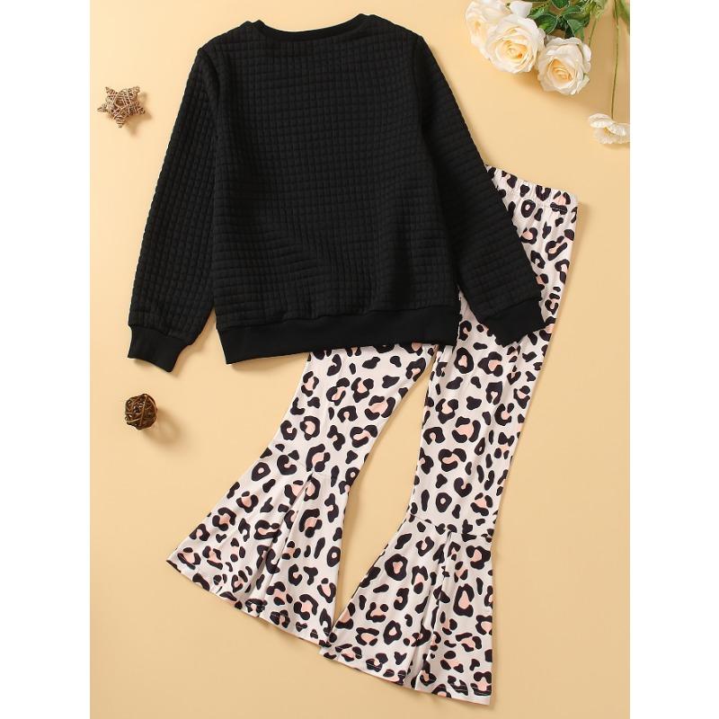 Two-Piece Girls' Casual Leopard Print Set with Heart Pattern - Brown White Long Sleeve Top Pants, Perfect for Fall/Winter