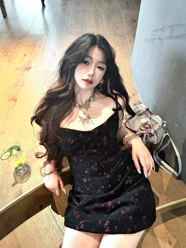 Women's Black Floral Backless Summer Dress: Sweet & Spicy, Short Sling Skirt