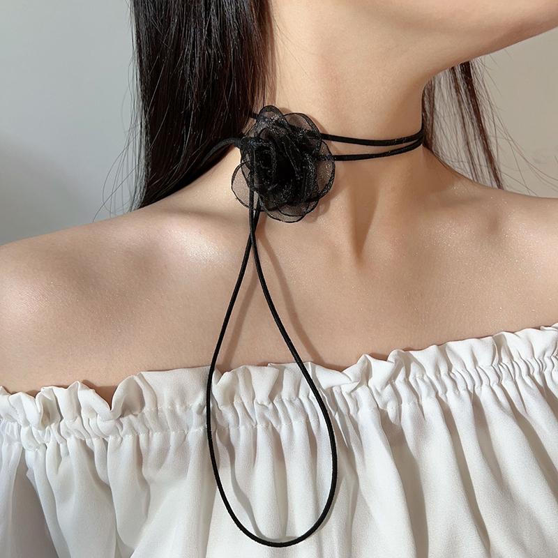 Romantic Pearl Choker Camellia Necklace Black White Summer Clavicle Chain