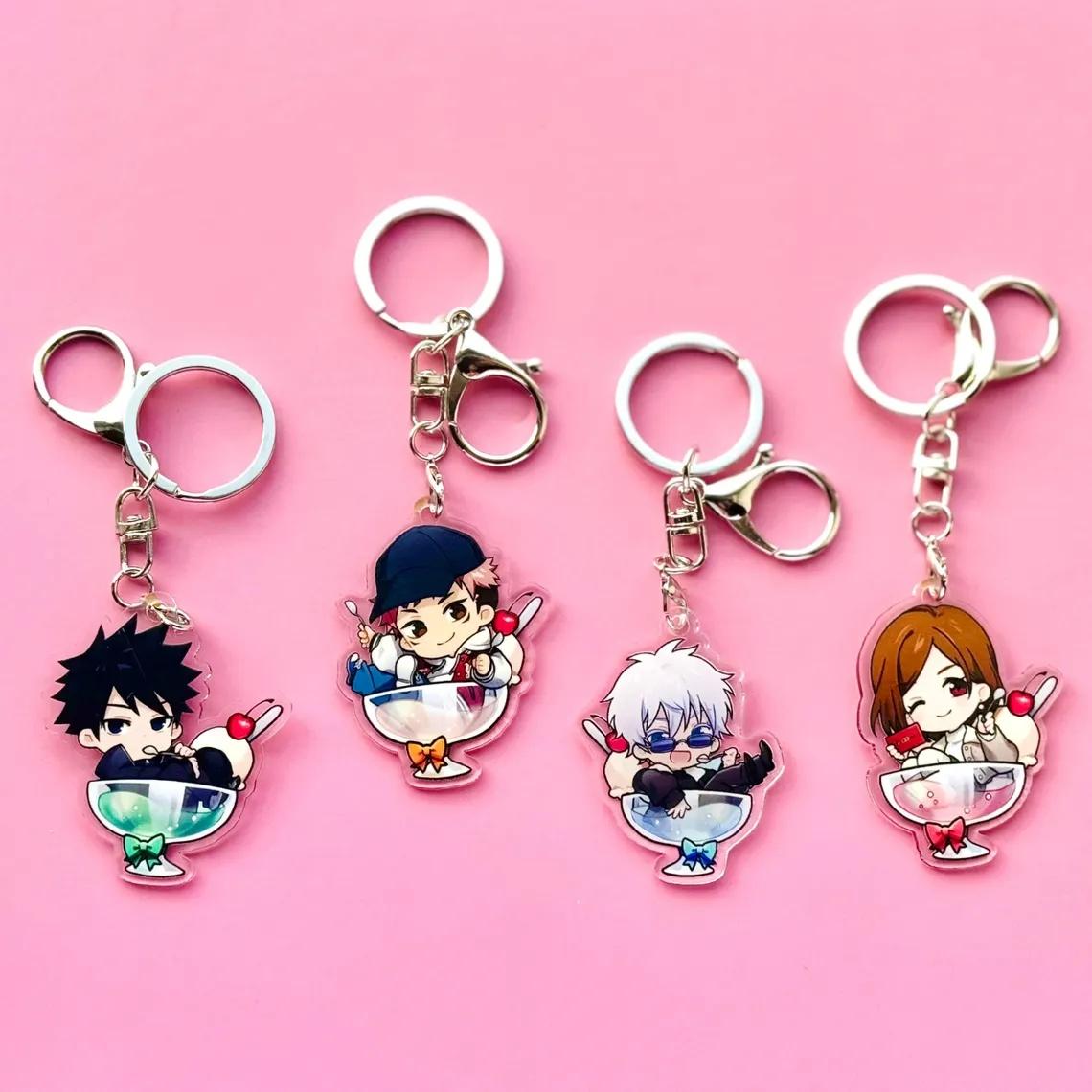

Anime Acrylic Key Ring for Jjk Megumi Fushiguro Yuji Itadori Satoru Gojo Nobara Kugisaki Dessert Cup Design Acrylic Key Buckle