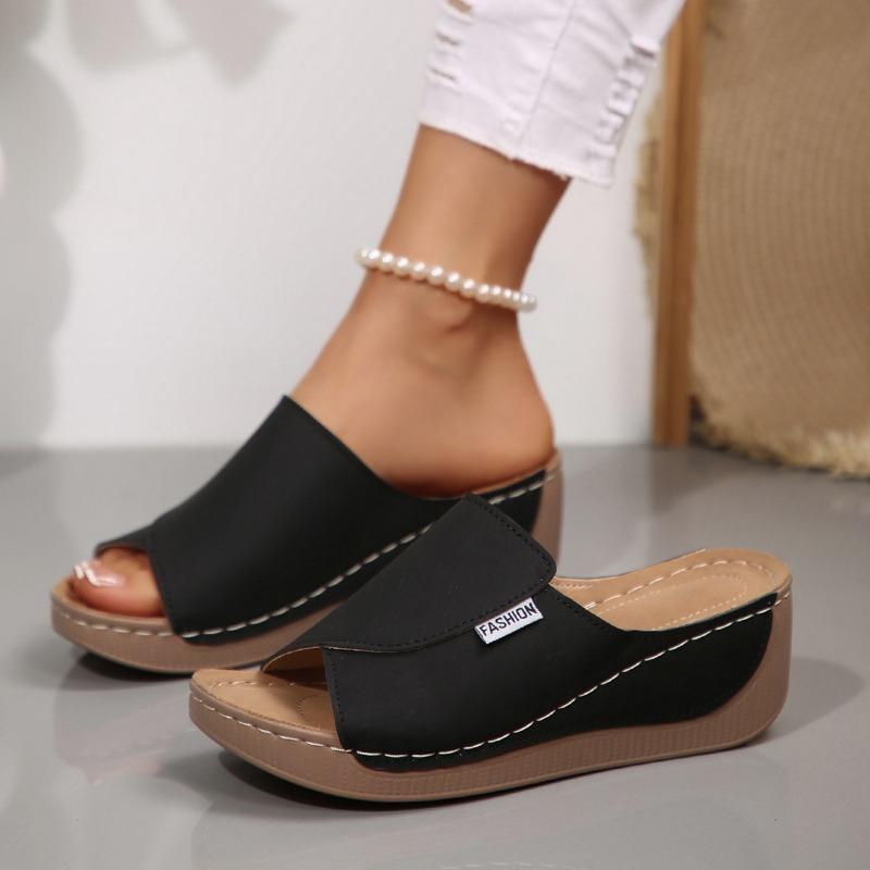 Cross-border large-size platform casual slippers women's shoes new simple and fashionable fish mouth wedge slippers