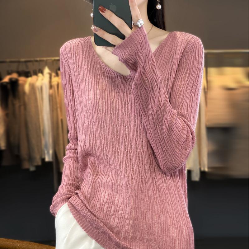 Neues V-Ausschnitt Hollow Bottoming Shirt Damen Pullover Kammgarnwolle leicht transparent lässig locker Pullover Top