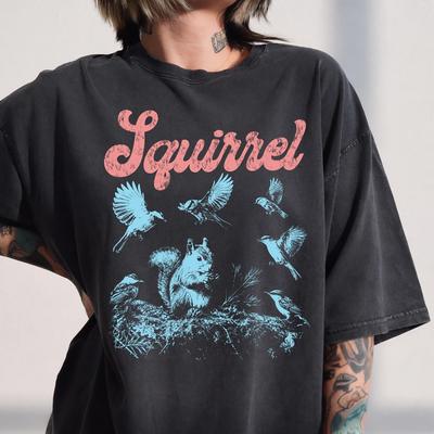 Squirrel Birds Graphic Tee, Distressed Nature Lover Shirt and Kids Tshirt, Vintage Forest Animal T-Shirt and Kids Tshirt