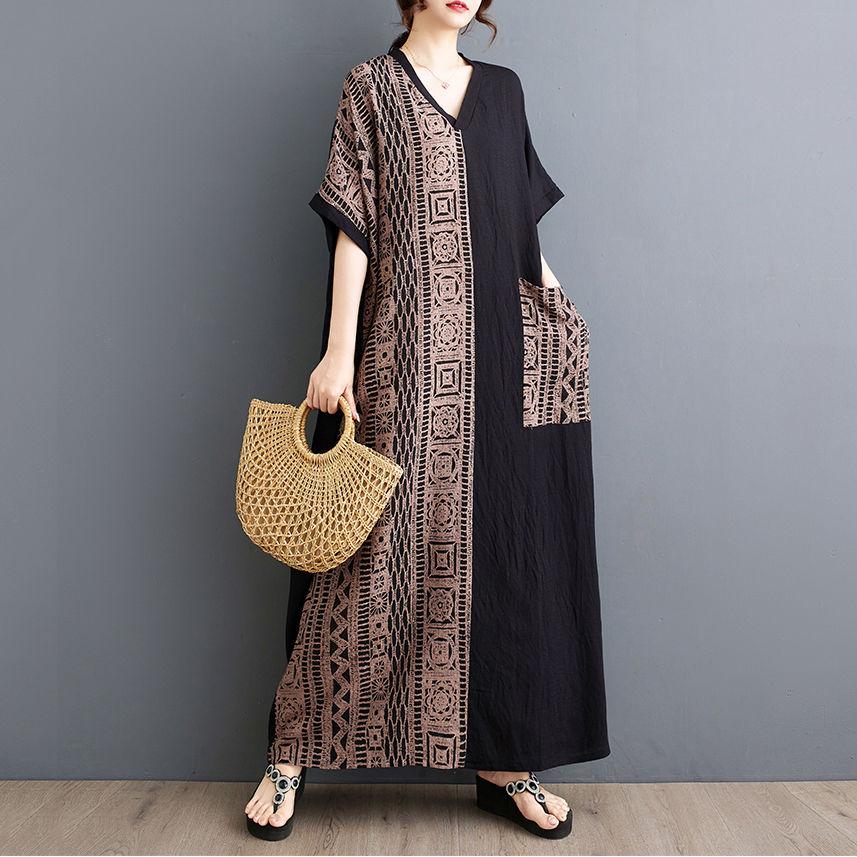 Letní tenké bavlněné a lněné tištěné šaty s výstřihem do V Dámské kontrastní prošívání Dlouhá sukně