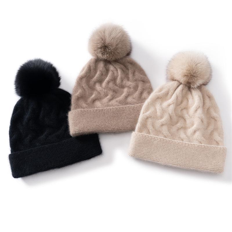 Women's 100% Pure Cashmere Cable Knit Pom-Pom Hat with Ear Protection - Stylish and Warm Head Wrap