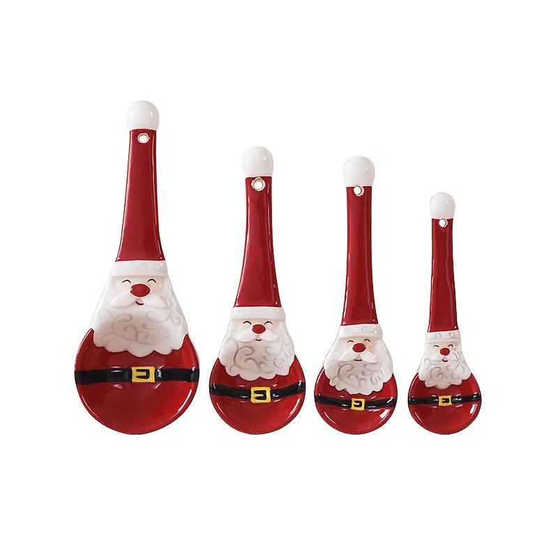4pcs Santa Claus Ceramic Spoons, Baking Measuring Scoops with Graduations for Salt, Sugar Seasoning and Soups, 3D Embossed Design
