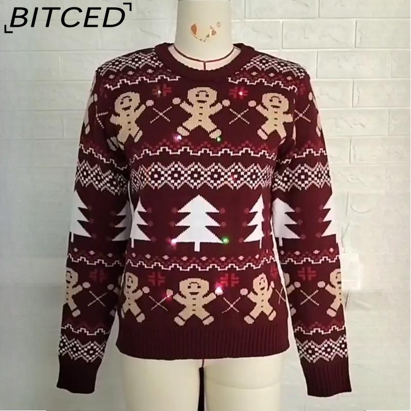 

BITCED Новый жаккардовый пуловер с длинным рукавом и изображением пряничного человечка со светодиодами, рождественский джемпер XXL бордовый