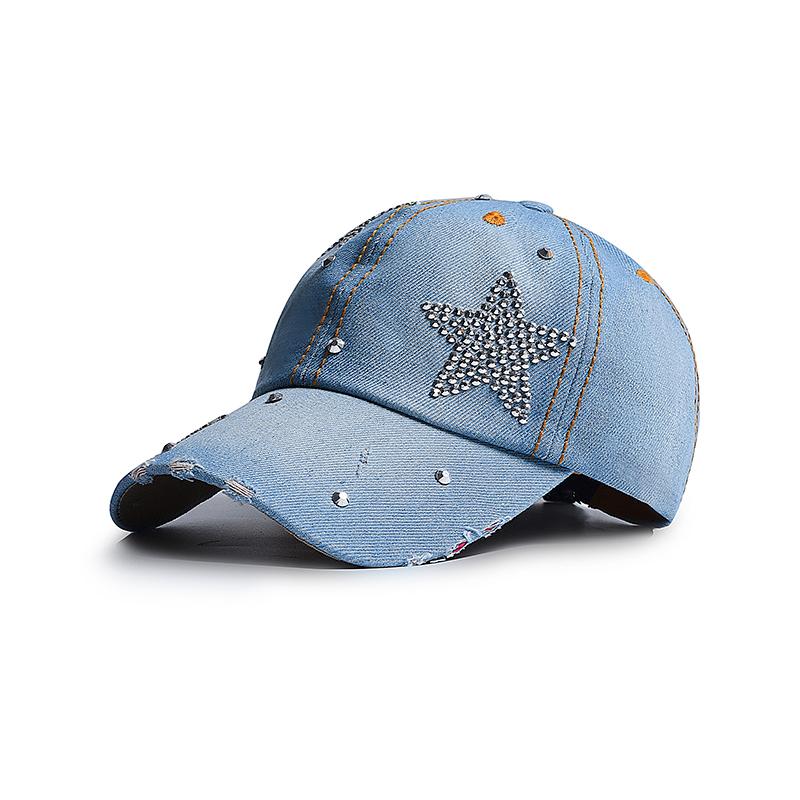 

Baseball Cap Women Spring Summer Cowboy Rhinestone star Denim Baseball Hat Women Korean Vintage New Sunshade 55-58cm светло-синий