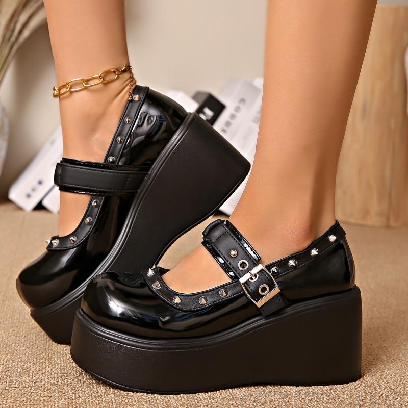 Fashion Wedge Heel Mary Jane Shoes Summer New Round Toe Shallow Mouth Rivet Metal Buckle Waterproof Platform Non-slip High Heels