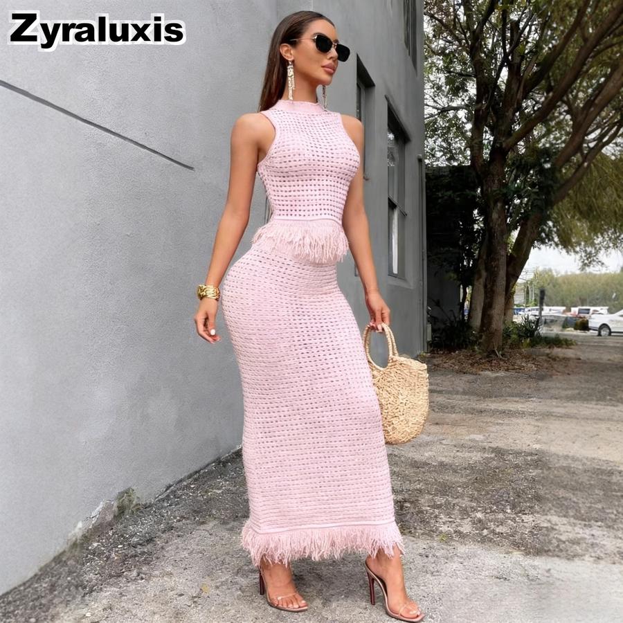 Neues gehäkeltes Fransen-Set Damen Ärmelloses High-Neck-Top + Bodycon-Langrock Zweiteiliges Outfit