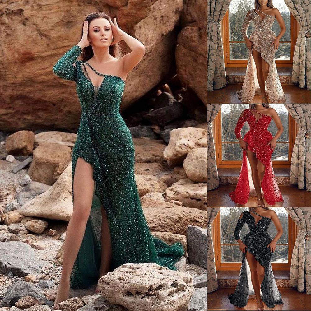 Abito da sera da donna di lusso con paillettes, maniche lunghe e spacco alto, 2025
