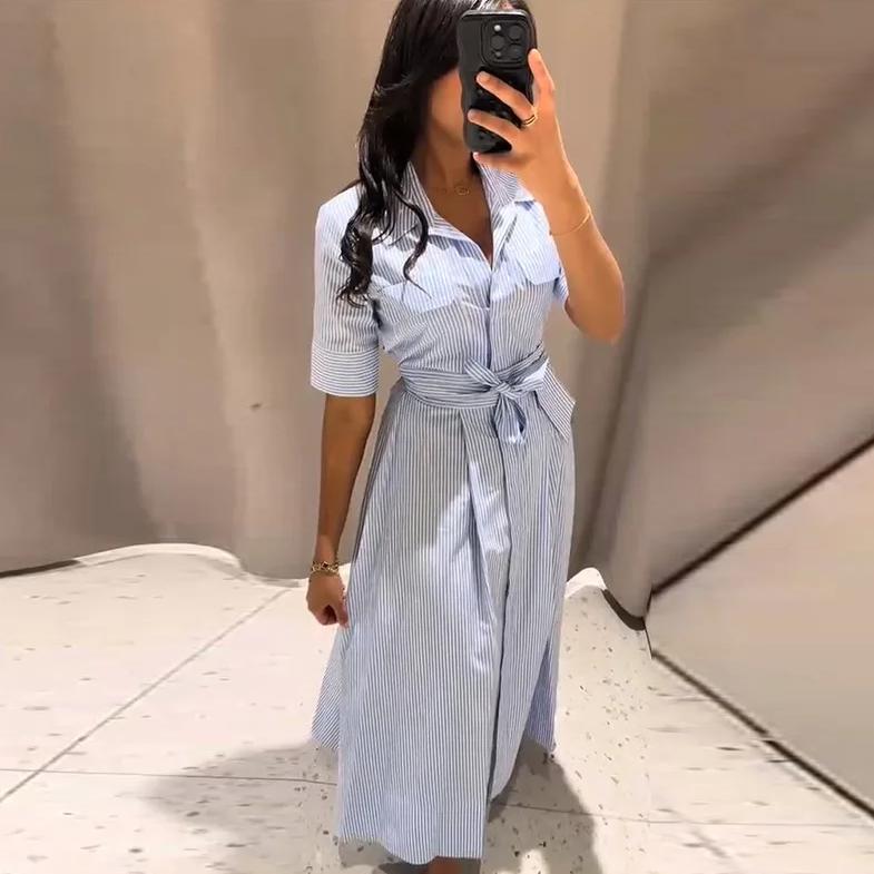 Casual Striped Women Dress Lapel Single Breasted Short Sleeve Slim Waist Long Dresses New Lady Fashion Vacation Robe